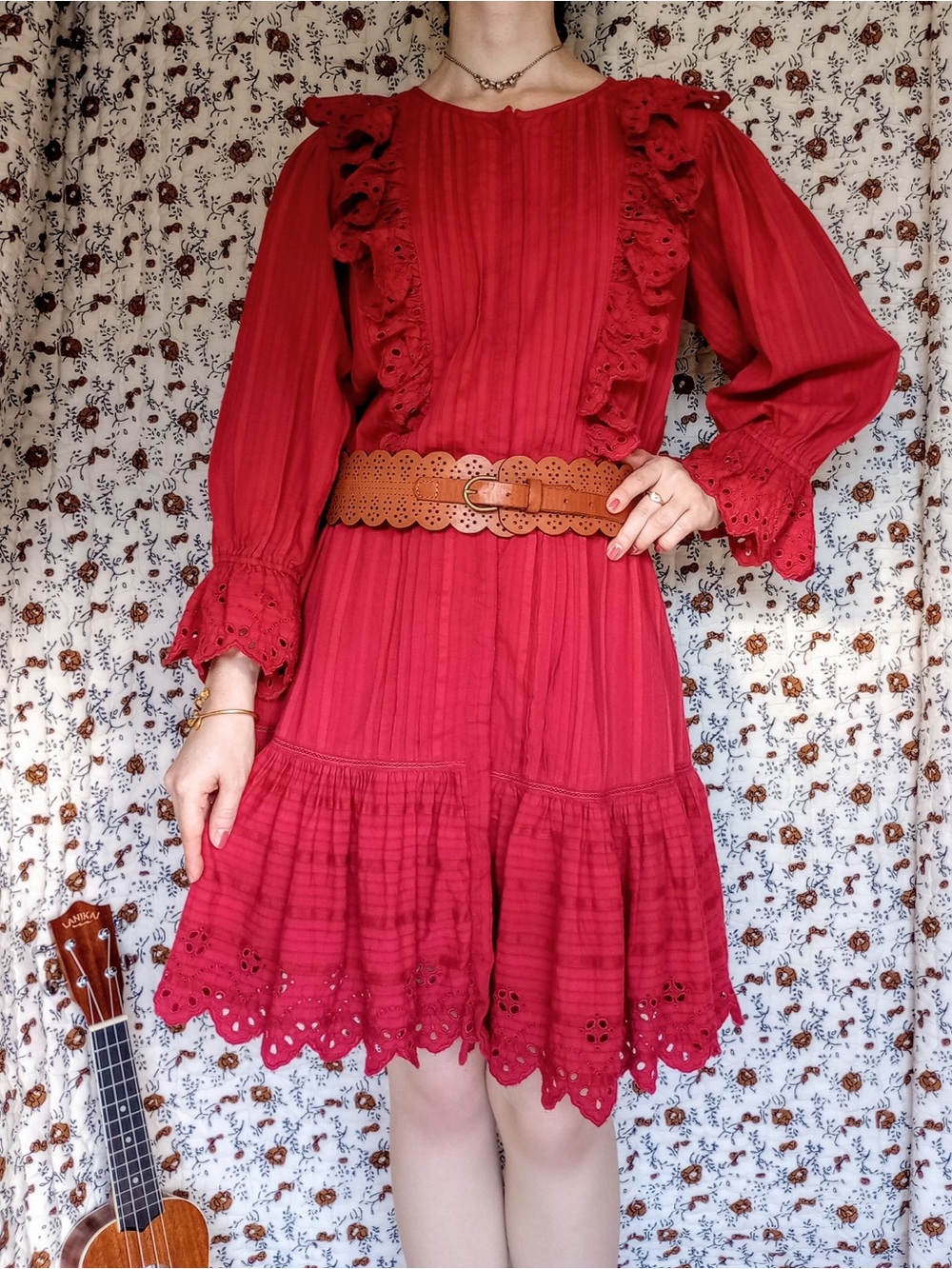 La Vie Rebecca Taylor ❉ Dobby Eyelet Stripe Ruffle Peasant Dress Carmine Red XS